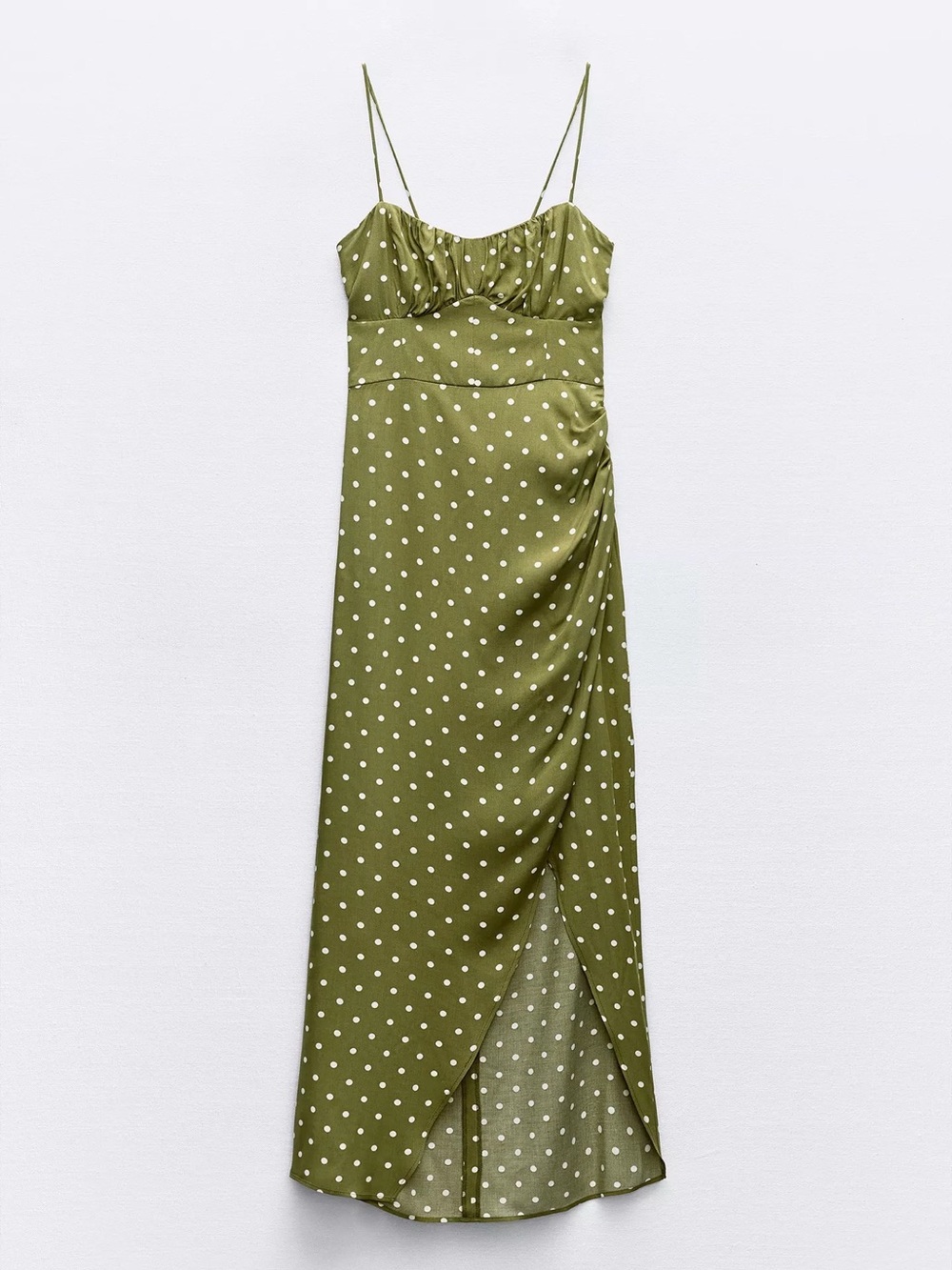 Olive Polka Dot Spaghetti Strap Midi Dress - Picture 2 of 3